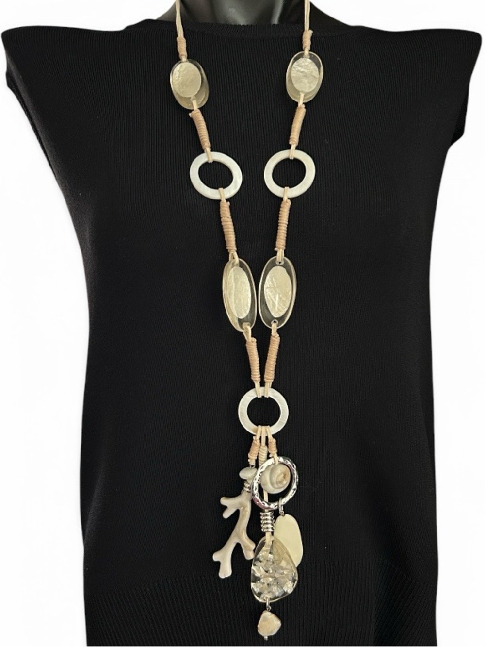 Boho White and Ivory Extra Long Necklace Leather Cord with Tropical Charms 36”